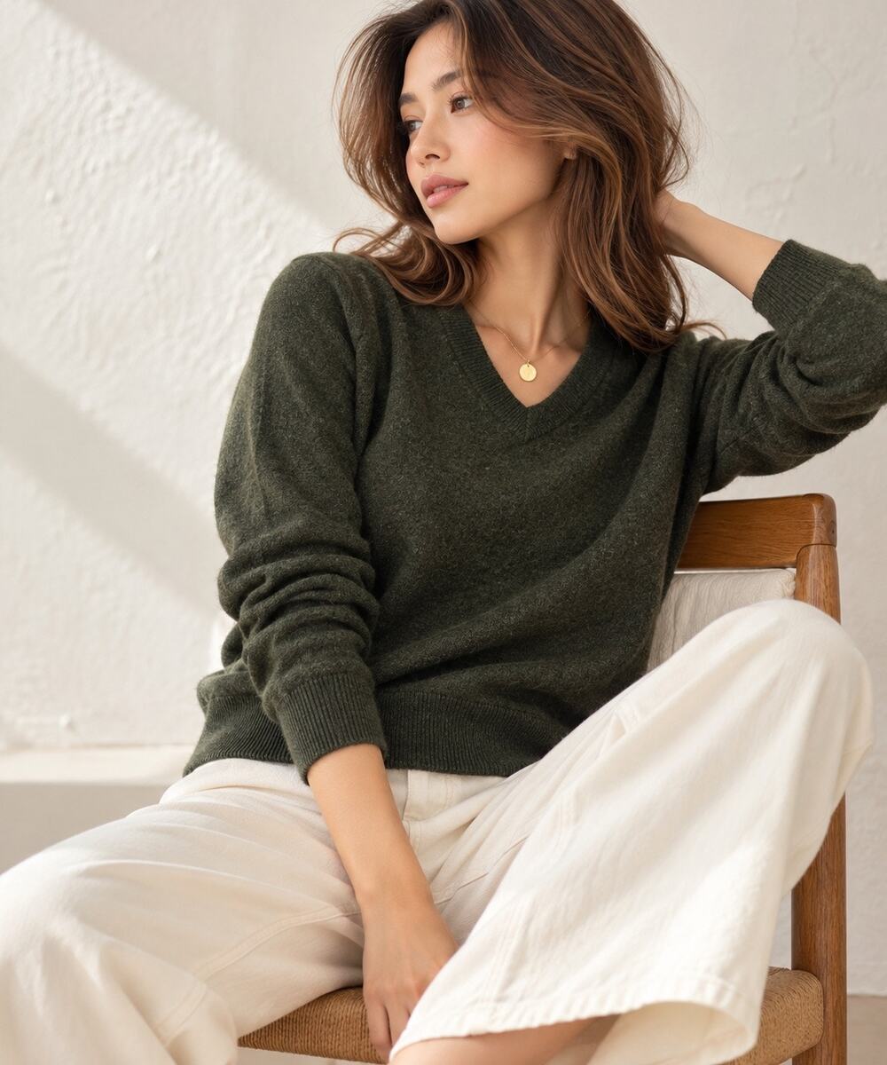 The Commons 100% Merino Wool Sweater S Olive Green V Neck Knit Minimalist Luxury